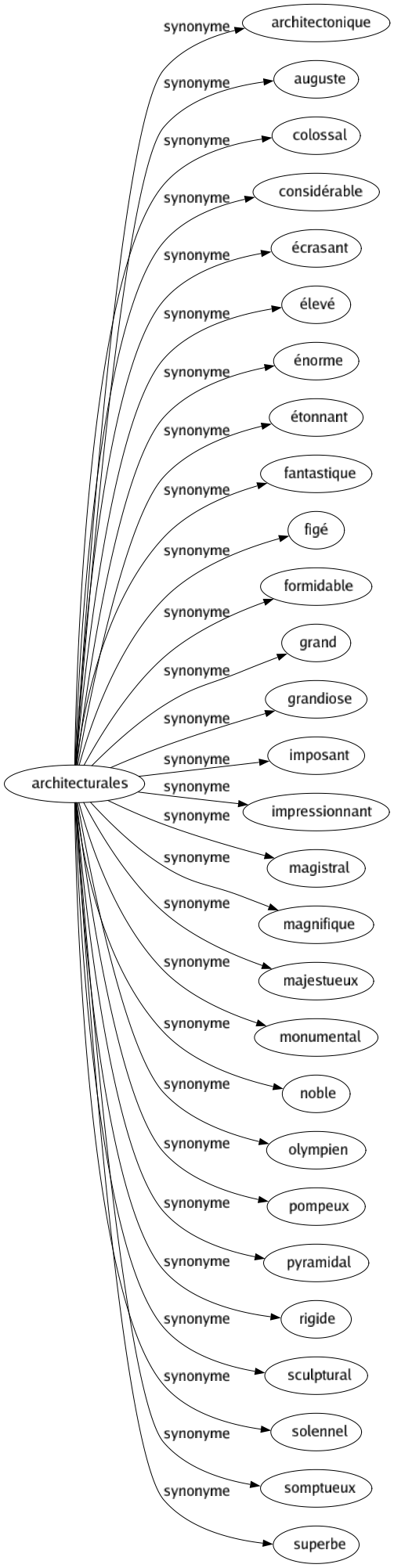 Synonyme de Architecturales : Architectonique Auguste Colossal Considérable Écrasant Élevé Énorme Étonnant Fantastique Figé Formidable Grand Grandiose Imposant Impressionnant Magistral Magnifique Majestueux Monumental Noble Olympien Pompeux Pyramidal Rigide Sculptural Solennel Somptueux Superbe 
