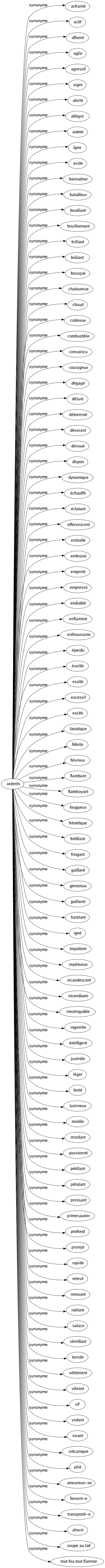 Synonyme de Ardents : Acharné Actif Affamé Agile Agressif Aigre Alerté Allègre Animé Âpre Avide Baroudeur Batailleur Bouillant Bouillonnant Brillant Brûlant Brusqué Chaleureux Chaud Coléreux Combustible Convaincu Courageux Dégagé Déluré Déterminé Dévorant Dévoué Dispos Dynamique Échauffé Éclatant Effervescent Emballé Embrasé Emporté Empressé Endiablé Enflammé Enthousiaste Éperdu Éveillé Exalté Excessif Excité Fanatique Fébrile Fiévreux Flambant Flamboyant Fougueux Frénétique Frétillant Fringant Gaillard Généreux Guilleret Haletant Igné Impatient Impétueux Incandescent Incendiaire Inextinguible Ingambe Intelligent Juvénile Léger Lesté Lumineux Mobile Mordant Passionné Pétillant Pétulant Pressant Primesautier Profond Prompt Rapide Relevé Remuant Rutilant Salace Sémillant Torride Véhément Vibrant Vif Violent Vivant Volcanique Zélé Amoureux-se Fervent-e Transporté-e Alouvi Soupe au lait Tout feu tout flamme 