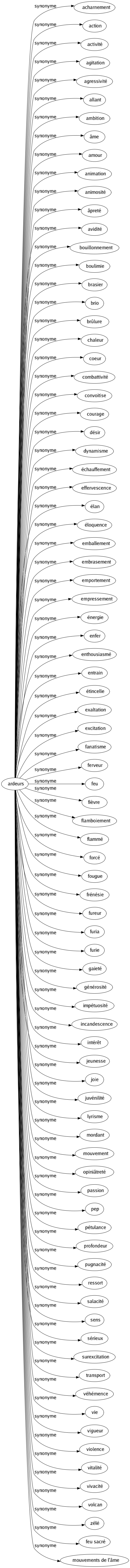 Synonyme de Ardeurs : Acharnement Action Activité Agitation Agressivité Allant Ambition Âme Amour Animation Animosité Âpreté Avidité Bouillonnement Boulimie Brasier Brio Brûlure Chaleur Coeur Combattivité Convoitise Courage Désir Dynamisme Échauffement Effervescence Élan Éloquence Emballement Embrasement Emportement Empressement Énergie Enfer Enthousiasmé Entrain Étincelle Exaltation Excitation Fanatisme Ferveur Feu Fièvre Flamboiement Flammé Forcé Fougue Frénésie Fureur Furia Furie Gaieté Générosité Impétuosité Incandescence Intérêt Jeunesse Joie Juvénilité Lyrisme Mordant Mouvement Opiniâtreté Passion Pep Pétulance Profondeur Pugnacité Ressort Salacité Sens Sérieux Surexcitation Transport Véhémence Vie Vigueur Violence Vitalité Vivacité Volcan Zélé Feu sacré Mouvements de l'âme 