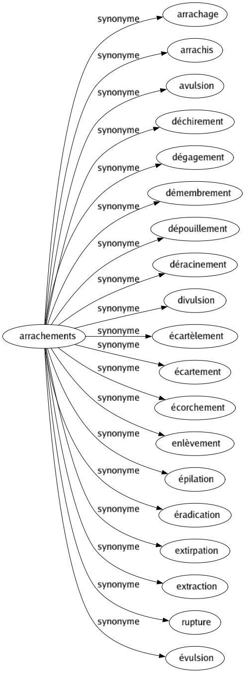 Synonyme de Arrachements : Arrachage Arrachis Avulsion Déchirement Dégagement Démembrement Dépouillement Déracinement Divulsion Écartèlement Écartement Écorchement Enlèvement Épilation Éradication Extirpation Extraction Rupture Évulsion 