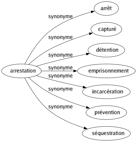 Synonyme de Arrestation : Arrêt Capturé Détention Emprisonnement Incarcération Prévention Séquestration 