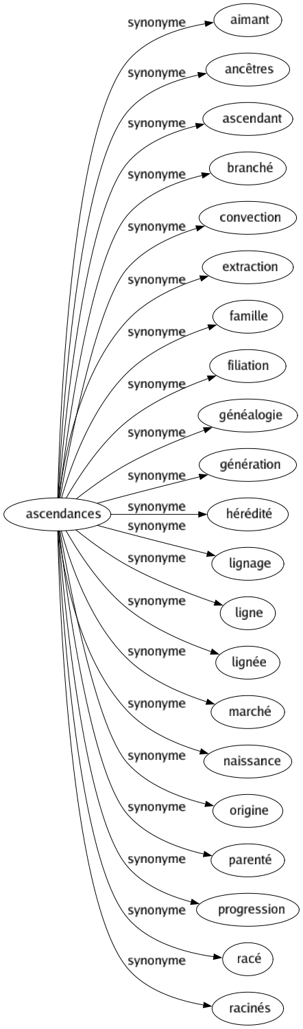 Synonyme de Ascendances : Aimant Ancêtres Ascendant Branché Convection Extraction Famille Filiation Généalogie Génération Hérédité Lignage Ligne Lignée Marché Naissance Origine Parenté Progression Racé Racinés 