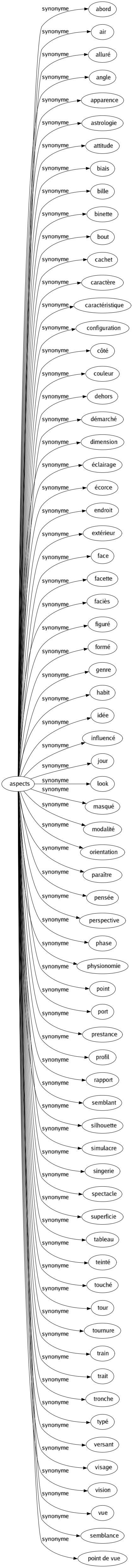 Synonyme de Aspects : Abord Air Alluré Angle Apparence Astrologie Attitude Biais Bille Binette Bout Cachet Caractère Caractéristique Configuration Côté Couleur Dehors Démarché Dimension Éclairage Écorce Endroit Extérieur Face Facette Faciès Figuré Formé Genre Habit Idée Influencé Jour Look Masqué Modalité Orientation Paraître Pensée Perspective Phase Physionomie Point Port Prestance Profil Rapport Semblant Silhouette Simulacre Singerie Spectacle Superficie Tableau Teinté Touché Tour Tournure Train Trait Tronche Typé Versant Visage Vision Vue Semblance Point de vue 