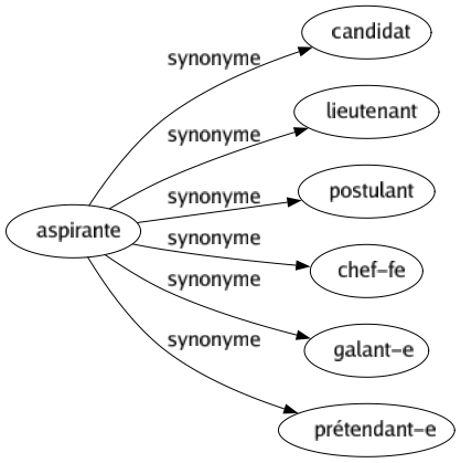 Synonyme de Aspirante : Candidat Lieutenant Postulant Chef-fe Galant-e Prétendant-e 