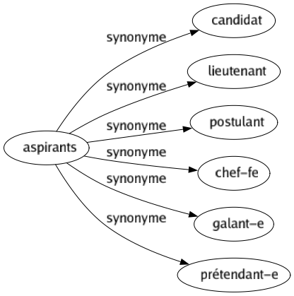 Synonyme de Aspirants : Candidat Lieutenant Postulant Chef-fe Galant-e Prétendant-e 