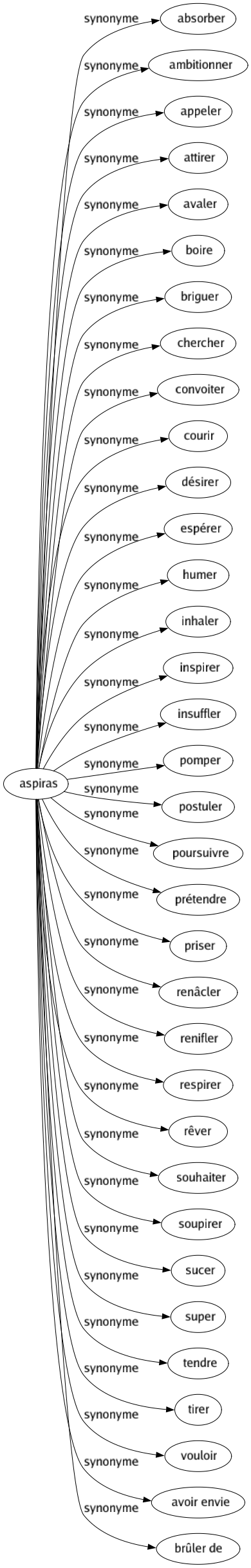 Synonyme de Aspiras : Absorber Ambitionner Appeler Attirer Avaler Boire Briguer Chercher Convoiter Courir Désirer Espérer Humer Inhaler Inspirer Insuffler Pomper Postuler Poursuivre Prétendre Priser Renâcler Renifler Respirer Rêver Souhaiter Soupirer Sucer Super Tendre Tirer Vouloir Avoir envie Brûler de 