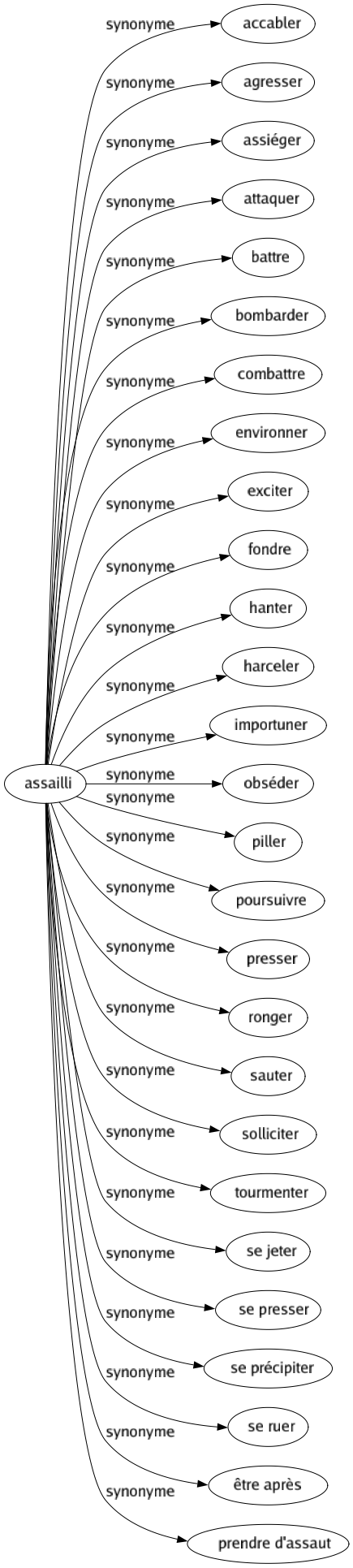 Synonyme de Assailli : Accabler Agresser Assiéger Attaquer Battre Bombarder Combattre Environner Exciter Fondre Hanter Harceler Importuner Obséder Piller Poursuivre Presser Ronger Sauter Solliciter Tourmenter Se jeter Se presser Se précipiter Se ruer Être après Prendre d'assaut 