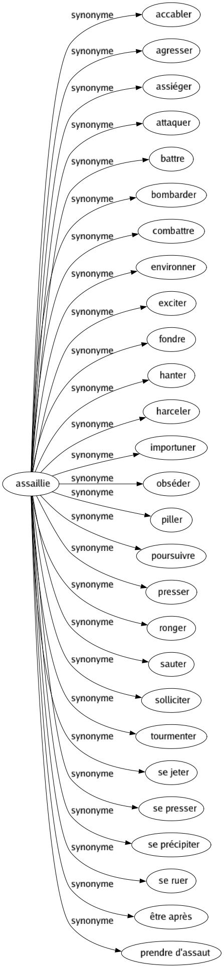 Synonyme de Assaillie : Accabler Agresser Assiéger Attaquer Battre Bombarder Combattre Environner Exciter Fondre Hanter Harceler Importuner Obséder Piller Poursuivre Presser Ronger Sauter Solliciter Tourmenter Se jeter Se presser Se précipiter Se ruer Être après Prendre d'assaut 