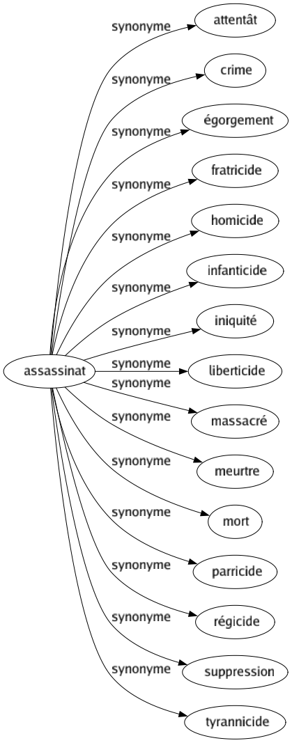 Synonyme de Assassinat : Attentât Crime Égorgement Fratricide Homicide Infanticide Iniquité Liberticide Massacré Meurtre Mort Parricide Régicide Suppression Tyrannicide 