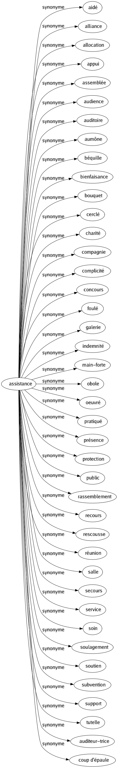 Synonyme de Assistance : Aidé Alliance Allocation Appui Assemblée Audience Auditoire Aumône Béquille Bienfaisance Bouquet Cerclé Charité Compagnie Complicité Concours Foulé Galerie Indemnité Main-forte Obole Oeuvré Pratiqué Présence Protection Public Rassemblement Recours Rescousse Réunion Salle Secours Service Soin Soulagement Soutien Subvention Support Tutelle Auditeur-trice Coup d'épaule 
