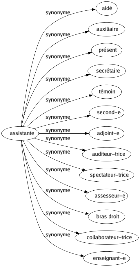 Synonyme de Assistante : Aidé Auxiliaire Présent Secrétaire Témoin Second-e Adjoint-e Auditeur-trice Spectateur-trice Assesseur-e Bras droit Collaborateur-trice Enseignant-e 