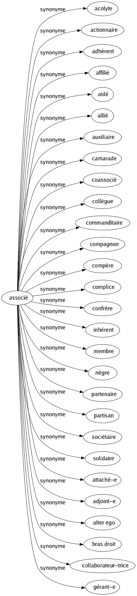 Synonyme de Associé : Acolyte Actionnaire Adhèrent Affilié Aidé Allié Auxiliaire Camarade Coassocié Collègue Commanditaire Compagnon Compère Complice Confrère Inhérent Membre Nègre Partenaire Partisan Sociétaire Solidaire Attaché-e Adjoint-e Alter ego Bras droit Collaborateur-trice Gérant-e 