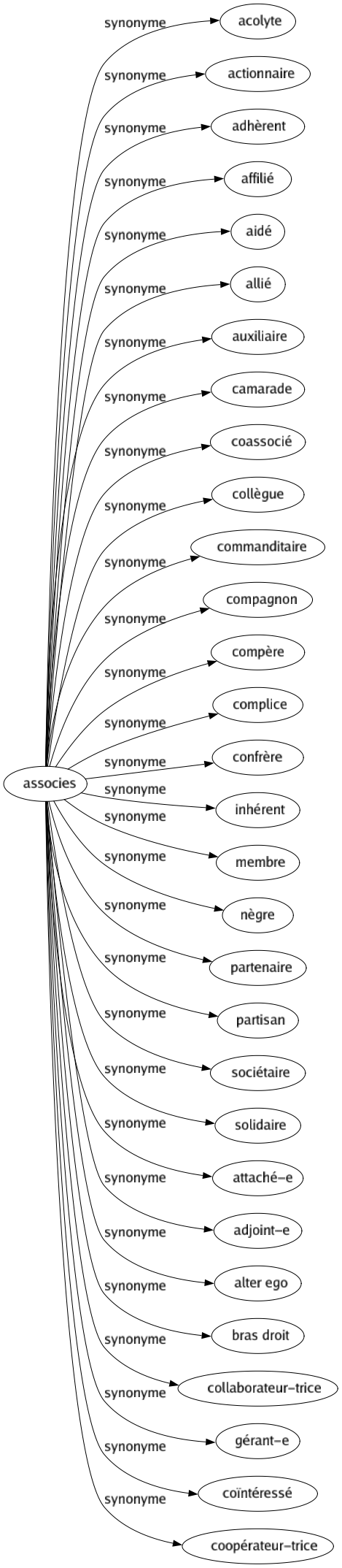 Synonyme de Associes : Acolyte Actionnaire Adhèrent Affilié Aidé Allié Auxiliaire Camarade Coassocié Collègue Commanditaire Compagnon Compère Complice Confrère Inhérent Membre Nègre Partenaire Partisan Sociétaire Solidaire Attaché-e Adjoint-e Alter ego Bras droit Collaborateur-trice Gérant-e Coïntéressé Coopérateur-trice 