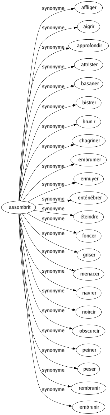 Synonyme de Assombrit : Affliger Aigrir Approfondir Attrister Basaner Bistrer Brunir Chagriner Embrumer Ennuyer Enténébrer Éteindre Foncer Griser Menacer Navrer Noircir Obscurcir Peiner Peser Rembrunir Embrunir 