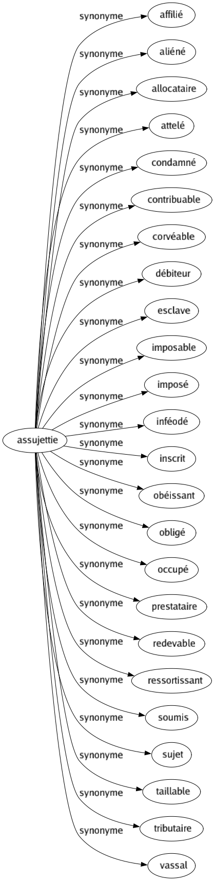 Synonyme de Assujettie : Affilié Aliéné Allocataire Attelé Condamné Contribuable Corvéable Débiteur Esclave Imposable Imposé Inféodé Inscrit Obéissant Obligé Occupé Prestataire Redevable Ressortissant Soumis Sujet Taillable Tributaire Vassal 