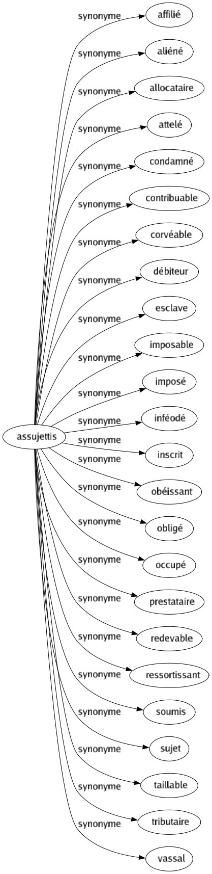 Synonyme de Assujettis : Affilié Aliéné Allocataire Attelé Condamné Contribuable Corvéable Débiteur Esclave Imposable Imposé Inféodé Inscrit Obéissant Obligé Occupé Prestataire Redevable Ressortissant Soumis Sujet Taillable Tributaire Vassal 