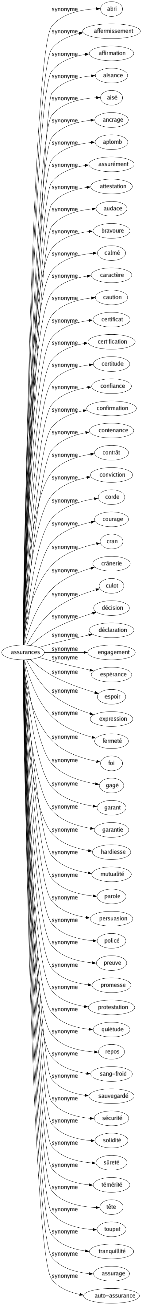 Synonyme de Assurances : Abri Affermissement Affirmation Aisance Aisé Ancrage Aplomb Assurément Attestation Audace Bravoure Calmé Caractère Caution Certificat Certification Certitude Confiance Confirmation Contenance Contrât Conviction Corde Courage Cran Crânerie Culot Décision Déclaration Engagement Espérance Espoir Expression Fermeté Foi Gagé Garant Garantie Hardiesse Mutualité Parole Persuasion Policé Preuve Promesse Protestation Quiétude Repos Sang-froid Sauvegardé Sécurité Solidité Sûreté Témérité Tête Toupet Tranquillité Assurage Auto-assurance 