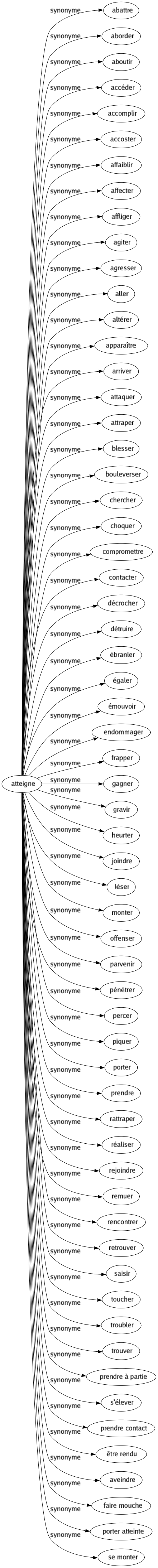 Synonyme de Atteigne : Abattre Aborder Aboutir Accéder Accomplir Accoster Affaiblir Affecter Affliger Agiter Agresser Aller Altérer Apparaître Arriver Attaquer Attraper Blesser Bouleverser Chercher Choquer Compromettre Contacter Décrocher Détruire Ébranler Égaler Émouvoir Endommager Frapper Gagner Gravir Heurter Joindre Léser Monter Offenser Parvenir Pénétrer Percer Piquer Porter Prendre Rattraper Réaliser Rejoindre Remuer Rencontrer Retrouver Saisir Toucher Troubler Trouver Prendre à partie S'élever Prendre contact Être rendu Aveindre Faire mouche Porter atteinte Se monter 