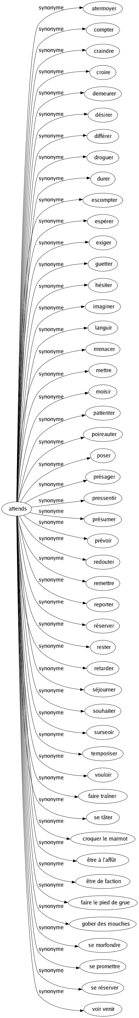 Synonyme de Attends : Atermoyer Compter Craindre Croire Demeurer Désirer Différer Droguer Durer Escompter Espérer Exiger Guetter Hésiter Imaginer Languir Menacer Mettre Moisir Patienter Poireauter Poser Présager Pressentir Présumer Prévoir Redouter Remettre Reporter Réserver Rester Retarder Séjourner Souhaiter Surseoir Temporiser Vouloir Faire traîner Se tâter Croquer le marmot Être à l'affût Être de faction Faire le pied de grue Gober des mouches Se morfondre Se promettre Se réserver Voir venir 