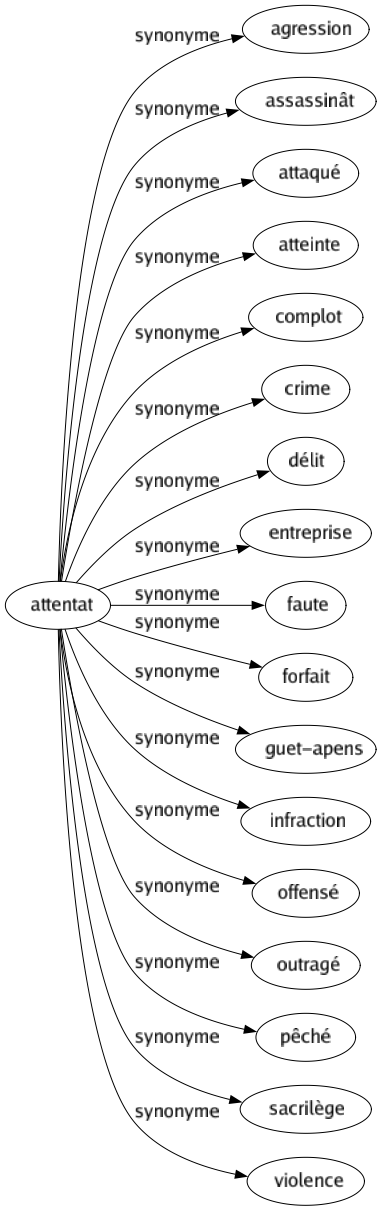 Synonyme de Attentat : Agression Assassinât Attaqué Atteinte Complot Crime Délit Entreprise Faute Forfait Guet-apens Infraction Offensé Outragé Pêché Sacrilège Violence 