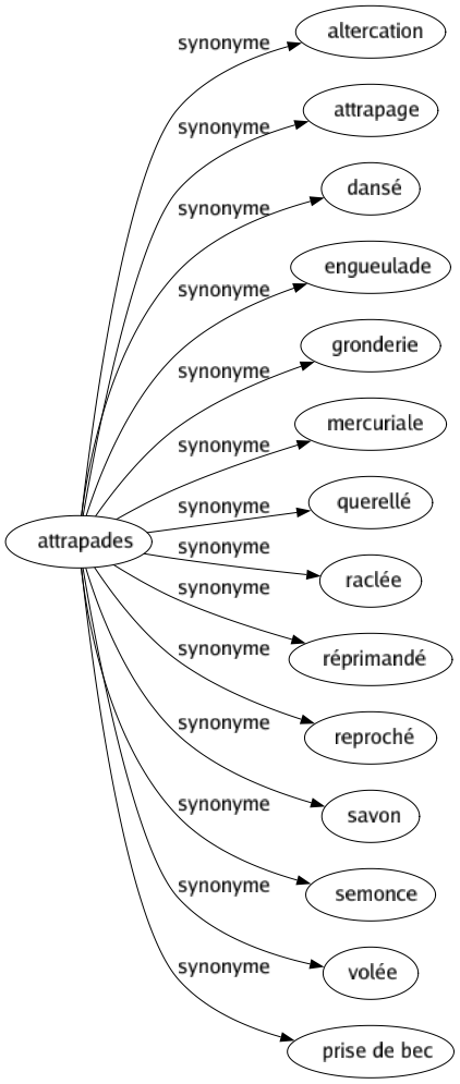 Synonyme de Attrapades : Altercation Attrapage Dansé Engueulade Gronderie Mercuriale Querellé Raclée Réprimandé Reproché Savon Semonce Volée Prise de bec 