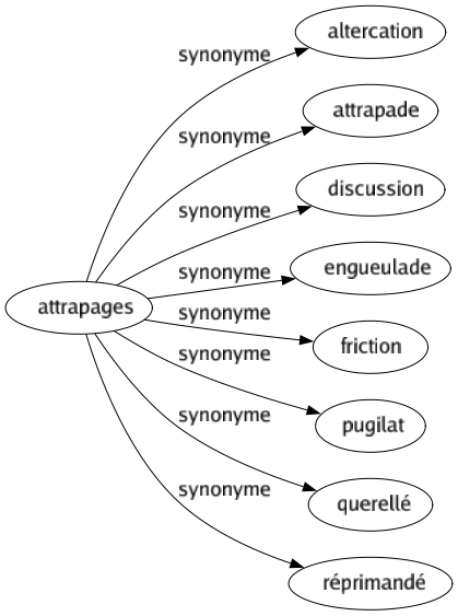 Synonyme de Attrapages : Altercation Attrapade Discussion Engueulade Friction Pugilat Querellé Réprimandé 