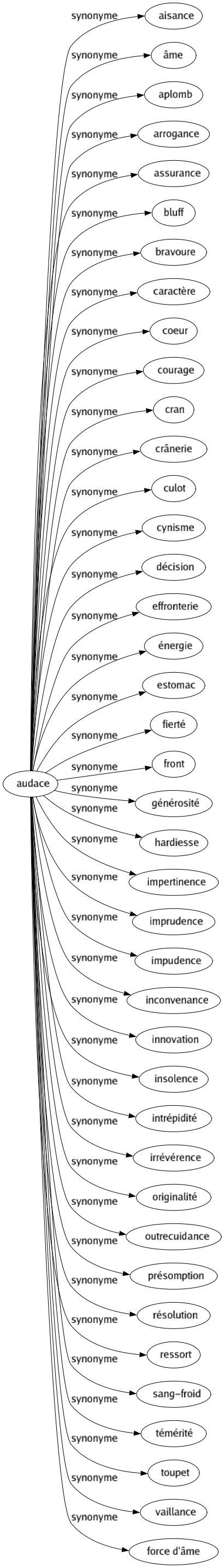 Synonyme de Audace : Aisance Âme Aplomb Arrogance Assurance Bluff Bravoure Caractère Coeur Courage Cran Crânerie Culot Cynisme Décision Effronterie Énergie Estomac Fierté Front Générosité Hardiesse Impertinence Imprudence Impudence Inconvenance Innovation Insolence Intrépidité Irrévérence Originalité Outrecuidance Présomption Résolution Ressort Sang-froid Témérité Toupet Vaillance Force d'âme 