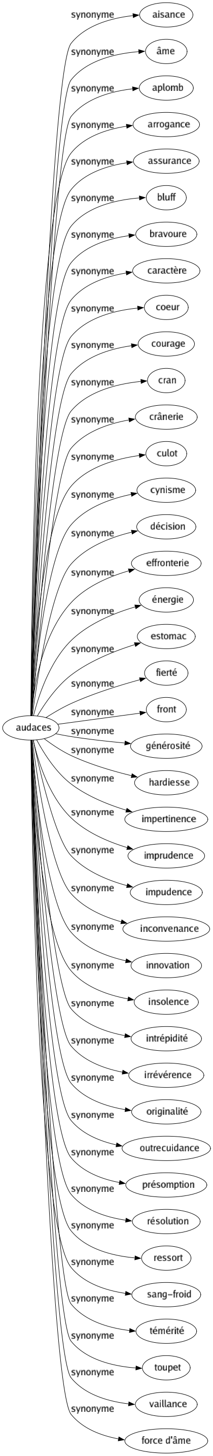 Synonyme de Audaces : Aisance Âme Aplomb Arrogance Assurance Bluff Bravoure Caractère Coeur Courage Cran Crânerie Culot Cynisme Décision Effronterie Énergie Estomac Fierté Front Générosité Hardiesse Impertinence Imprudence Impudence Inconvenance Innovation Insolence Intrépidité Irrévérence Originalité Outrecuidance Présomption Résolution Ressort Sang-froid Témérité Toupet Vaillance Force d'âme 