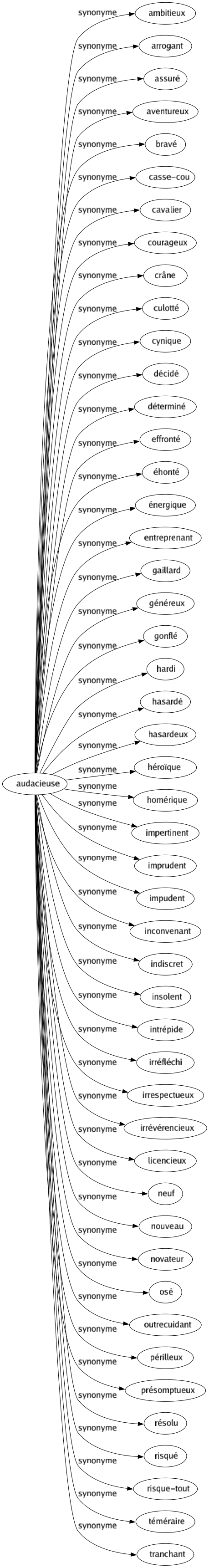 Synonyme de Audacieuse : Ambitieux Arrogant Assuré Aventureux Bravé Casse-cou Cavalier Courageux Crâne Culotté Cynique Décidé Déterminé Effronté Éhonté Énergique Entreprenant Gaillard Généreux Gonflé Hardi Hasardé Hasardeux Héroïque Homérique Impertinent Imprudent Impudent Inconvenant Indiscret Insolent Intrépide Irréfléchi Irrespectueux Irrévérencieux Licencieux Neuf Nouveau Novateur Osé Outrecuidant Périlleux Présomptueux Résolu Risqué Risque-tout Téméraire Tranchant 