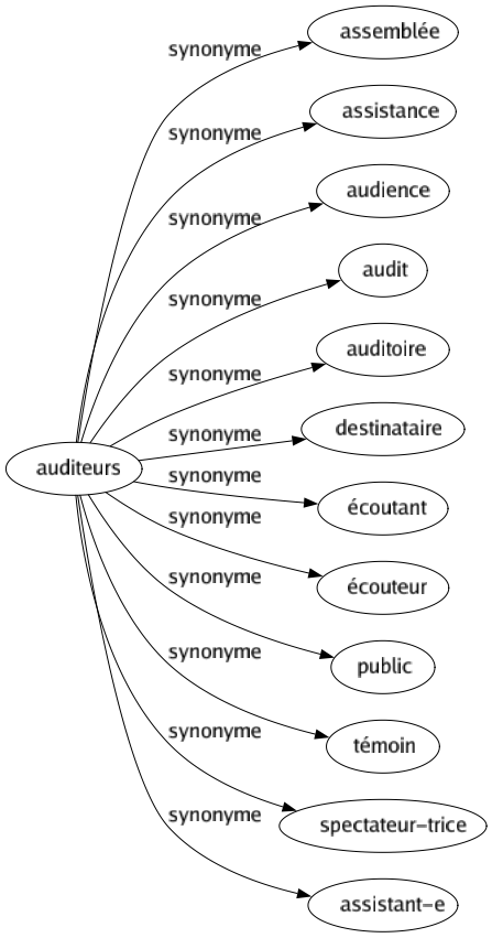 Synonyme de Auditeurs : Assemblée Assistance Audience Audit Auditoire Destinataire Écoutant Écouteur Public Témoin Spectateur-trice Assistant-e 