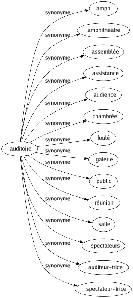 Synonyme de Auditoire : Amphi Amphithéâtre Assemblée Assistance Audience Chambrée Foulé Galerie Public Réunion Salle Spectateurs Auditeur-trice Spectateur-trice 