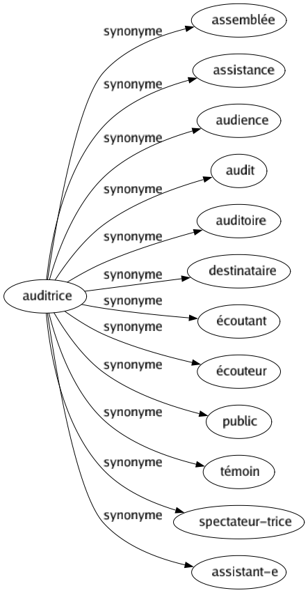 Synonyme de Auditrice : Assemblée Assistance Audience Audit Auditoire Destinataire Écoutant Écouteur Public Témoin Spectateur-trice Assistant-e 