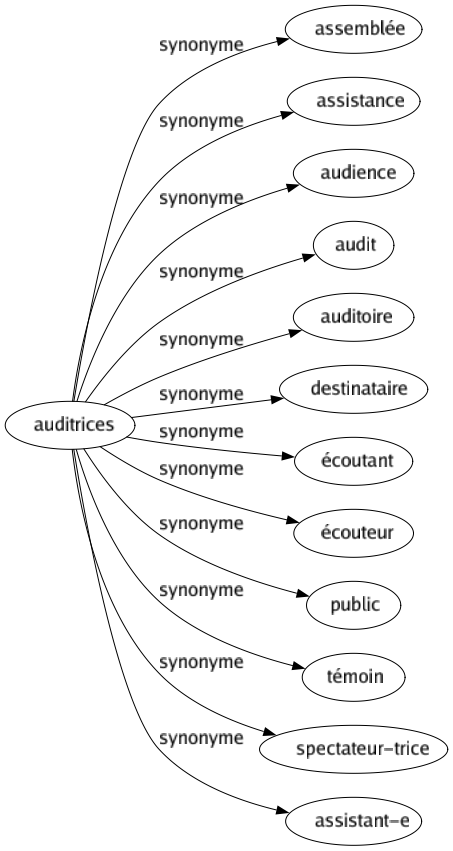 Synonyme de Auditrices : Assemblée Assistance Audience Audit Auditoire Destinataire Écoutant Écouteur Public Témoin Spectateur-trice Assistant-e 