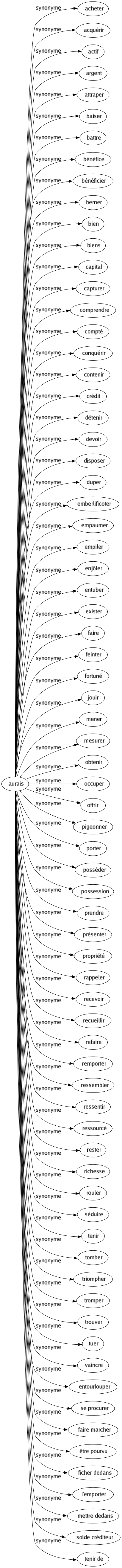 Synonyme de Aurais : Acheter Acquérir Actif Argent Attraper Baiser Battre Bénéfice Bénéficier Berner Bien Biens Capital Capturer Comprendre Compté Conquérir Contenir Crédit Détenir Devoir Disposer Duper Emberlificoter Empaumer Empiler Enjôler Entuber Exister Faire Feinter Fortuné Jouir Mener Mesurer Obtenir Occuper Offrir Pigeonner Porter Posséder Possession Prendre Présenter Propriété Rappeler Recevoir Recueillir Refaire Remporter Ressembler Ressentir Ressourcé Rester Richesse Rouler Séduire Tenir Tomber Triompher Tromper Trouver Tuer Vaincre Entourlouper Se procurer Faire marcher Être pourvu Ficher dedans L'emporter Mettre dedans Solde créditeur Tenir de 