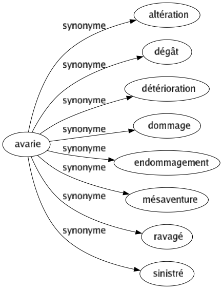 Synonyme de Avarie : Altération Dégât Détérioration Dommage Endommagement Mésaventure Ravagé Sinistré 