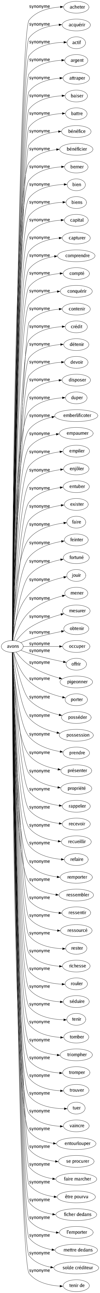 Synonyme de Avons : Acheter Acquérir Actif Argent Attraper Baiser Battre Bénéfice Bénéficier Berner Bien Biens Capital Capturer Comprendre Compté Conquérir Contenir Crédit Détenir Devoir Disposer Duper Emberlificoter Empaumer Empiler Enjôler Entuber Exister Faire Feinter Fortuné Jouir Mener Mesurer Obtenir Occuper Offrir Pigeonner Porter Posséder Possession Prendre Présenter Propriété Rappeler Recevoir Recueillir Refaire Remporter Ressembler Ressentir Ressourcé Rester Richesse Rouler Séduire Tenir Tomber Triompher Tromper Trouver Tuer Vaincre Entourlouper Se procurer Faire marcher Être pourvu Ficher dedans L'emporter Mettre dedans Solde créditeur Tenir de 