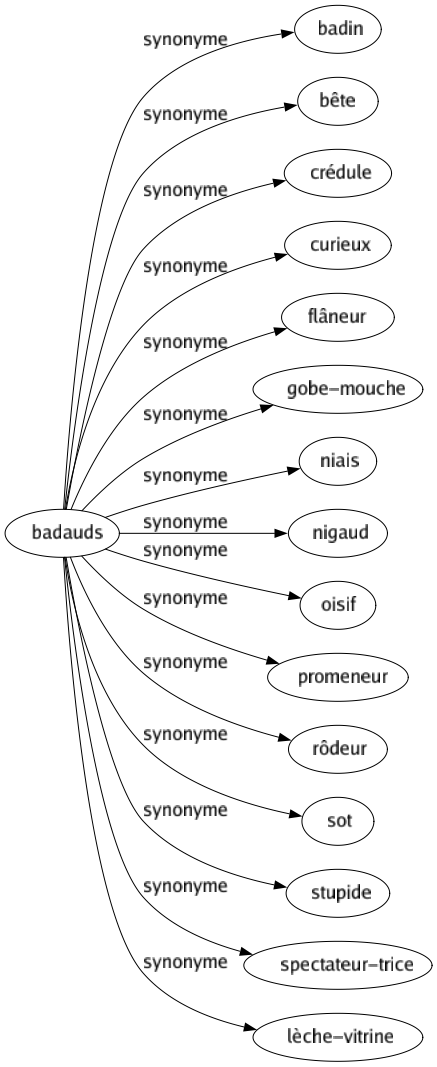 Synonyme de Badauds : Badin Bête Crédule Curieux Flâneur Gobe-mouche Niais Nigaud Oisif Promeneur Rôdeur Sot Stupide Spectateur-trice Lèche-vitrine 