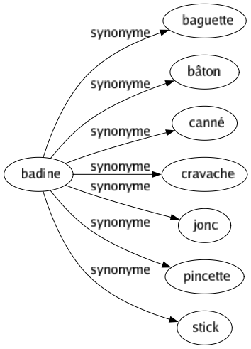 Synonyme de Badine : Baguette Bâton Canné Cravache Jonc Pincette Stick 