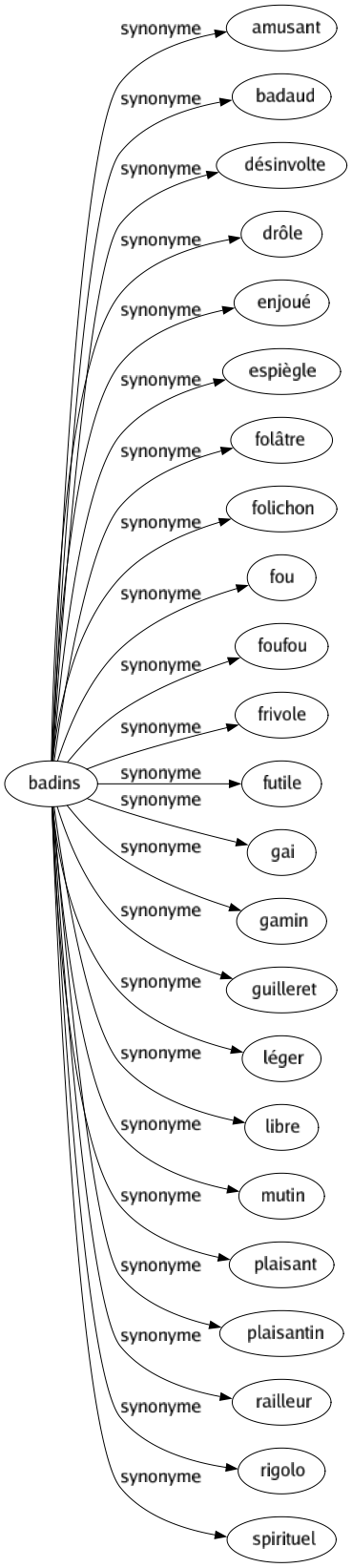 Synonyme de Badins : Amusant Badaud Désinvolte Drôle Enjoué Espiègle Folâtre Folichon Fou Foufou Frivole Futile Gai Gamin Guilleret Léger Libre Mutin Plaisant Plaisantin Railleur Rigolo Spirituel 