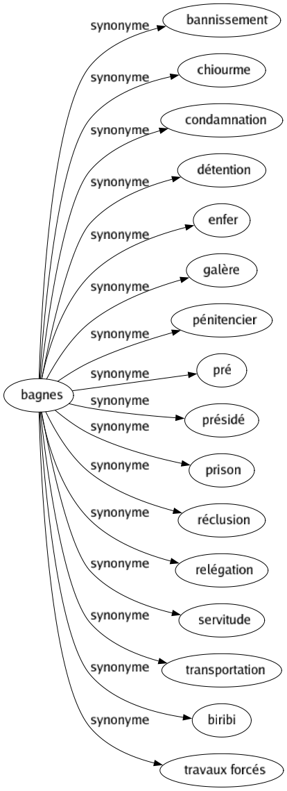 Synonyme de Bagnes : Bannissement Chiourme Condamnation Détention Enfer Galère Pénitencier Pré Présidé Prison Réclusion Relégation Servitude Transportation Biribi Travaux forcés 