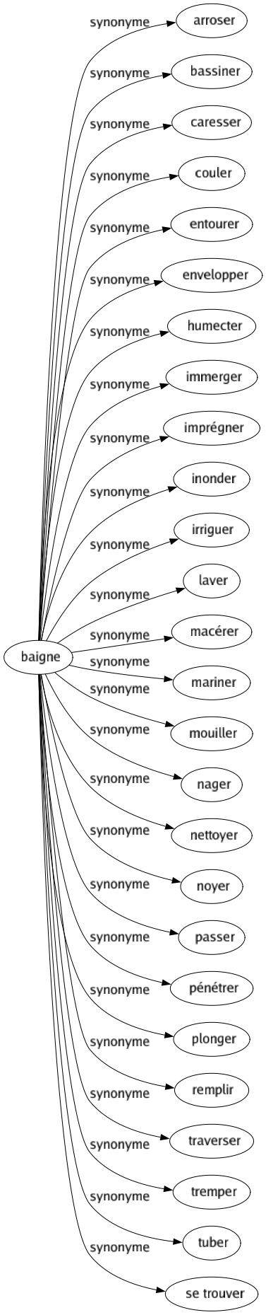 Synonyme de Baigne : Arroser Bassiner Caresser Couler Entourer Envelopper Humecter Immerger Imprégner Inonder Irriguer Laver Macérer Mariner Mouiller Nager Nettoyer Noyer Passer Pénétrer Plonger Remplir Traverser Tremper Tuber Se trouver 