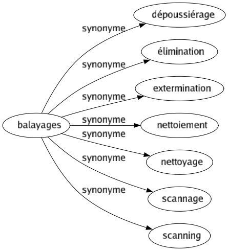 Synonyme de Balayages : Dépoussiérage Élimination Extermination Nettoiement Nettoyage Scannage Scanning 