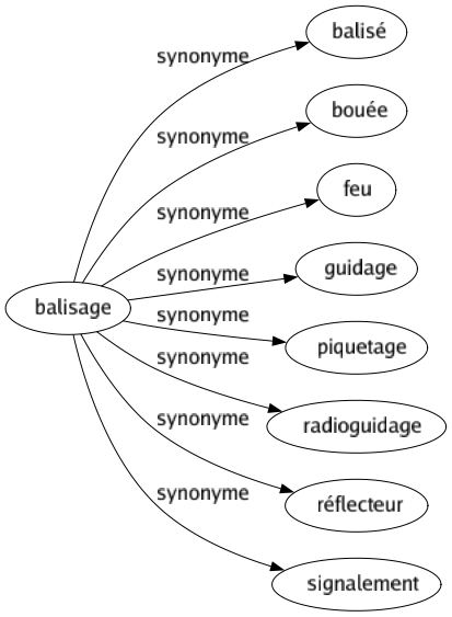 Synonyme de Balisage : Balisé Bouée Feu Guidage Piquetage Radioguidage Réflecteur Signalement 