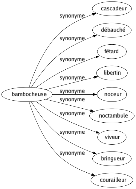 Synonyme de Bambocheuse : Cascadeur Débauché Fêtard Libertin Noceur Noctambule Viveur Bringueur Courailleur 