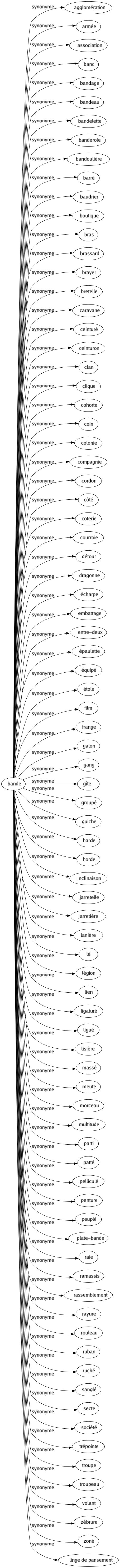 Synonyme de Bande : Agglomération Armée Association Banc Bandage Bandeau Bandelette Banderole Bandoulière Barré Baudrier Boutique Bras Brassard Brayer Bretelle Caravane Ceinturé Ceinturon Clan Clique Cohorte Coin Colonie Compagnie Cordon Côté Coterie Courroie Détour Dragonne Écharpe Embattage Entre-deux Épaulette Équipé Étole Film Frange Galon Gang Gîte Groupé Guiche Harde Horde Inclinaison Jarretelle Jarretière Lanière Lé Légion Lien Ligaturé Ligué Lisière Massé Meute Morceau Multitude Parti Patté Pelliculé Penture Peuplé Plate-bande Raie Ramassis Rassemblement Rayure Rouleau Ruban Ruché Sanglé Secte Société Trépointe Troupe Troupeau Volant Zébrure Zoné Linge de pansement 