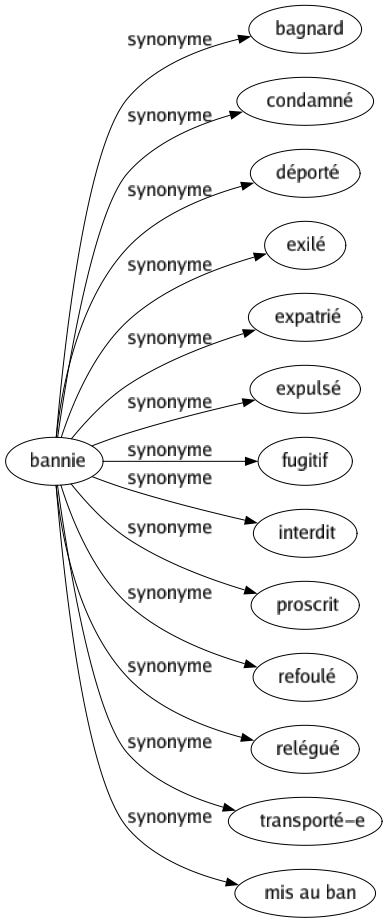 Synonyme de Bannie : Bagnard Condamné Déporté Exilé Expatrié Expulsé Fugitif Interdit Proscrit Refoulé Relégué Transporté-e Mis au ban 