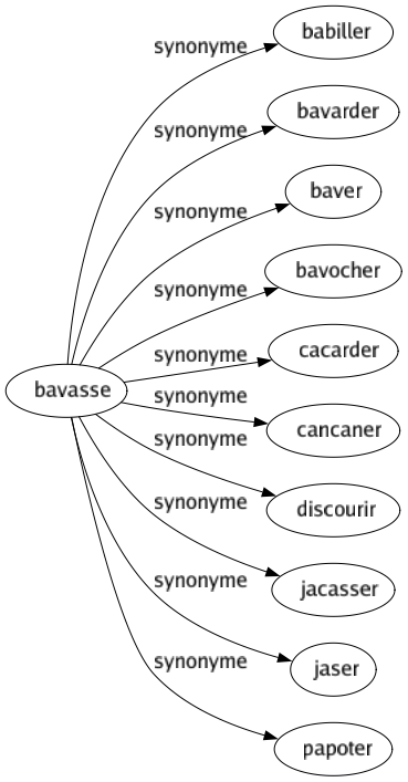 Synonyme de Bavasse : Babiller Bavarder Baver Bavocher Cacarder Cancaner Discourir Jacasser Jaser Papoter 