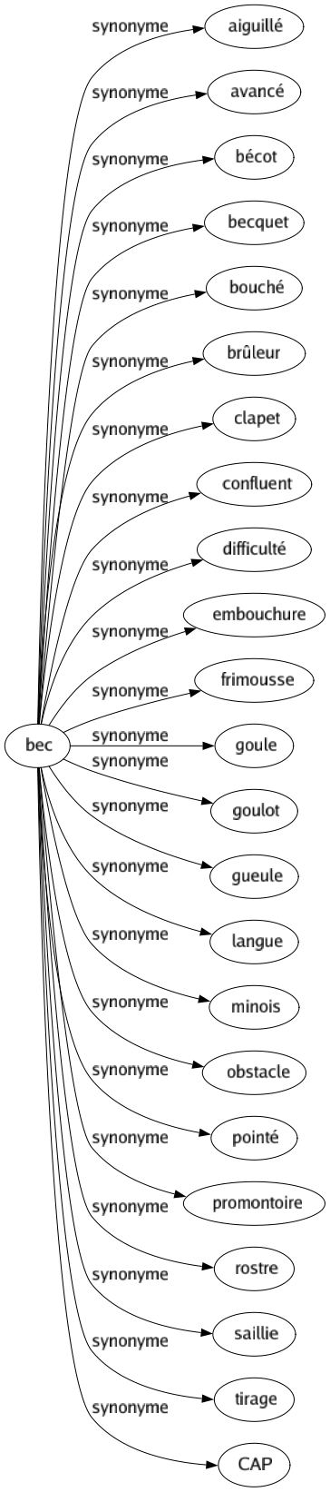 Synonyme de Bec : Aiguillé Avancé Bécot Becquet Bouché Brûleur Clapet Confluent Difficulté Embouchure Frimousse Goule Goulot Gueule Langue Minois Obstacle Pointé Promontoire Rostre Saillie Tirage Cap 