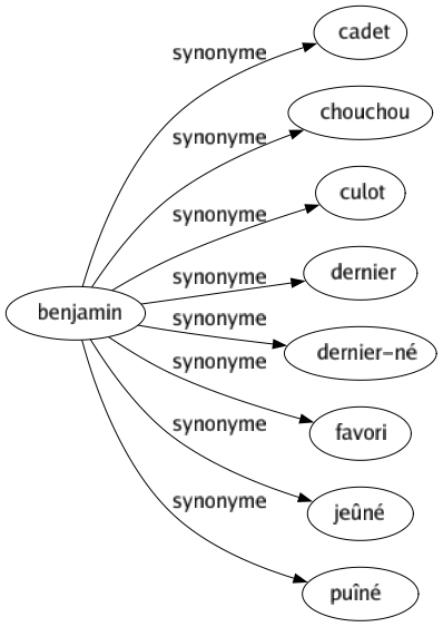 Synonyme de Benjamin : Cadet Chouchou Culot Dernier Dernier-né Favori Jeûné Puîné 