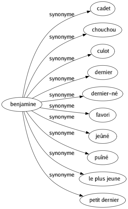 Synonyme de Benjamine : Cadet Chouchou Culot Dernier Dernier-né Favori Jeûné Puîné Le plus jeune Petit dernier 